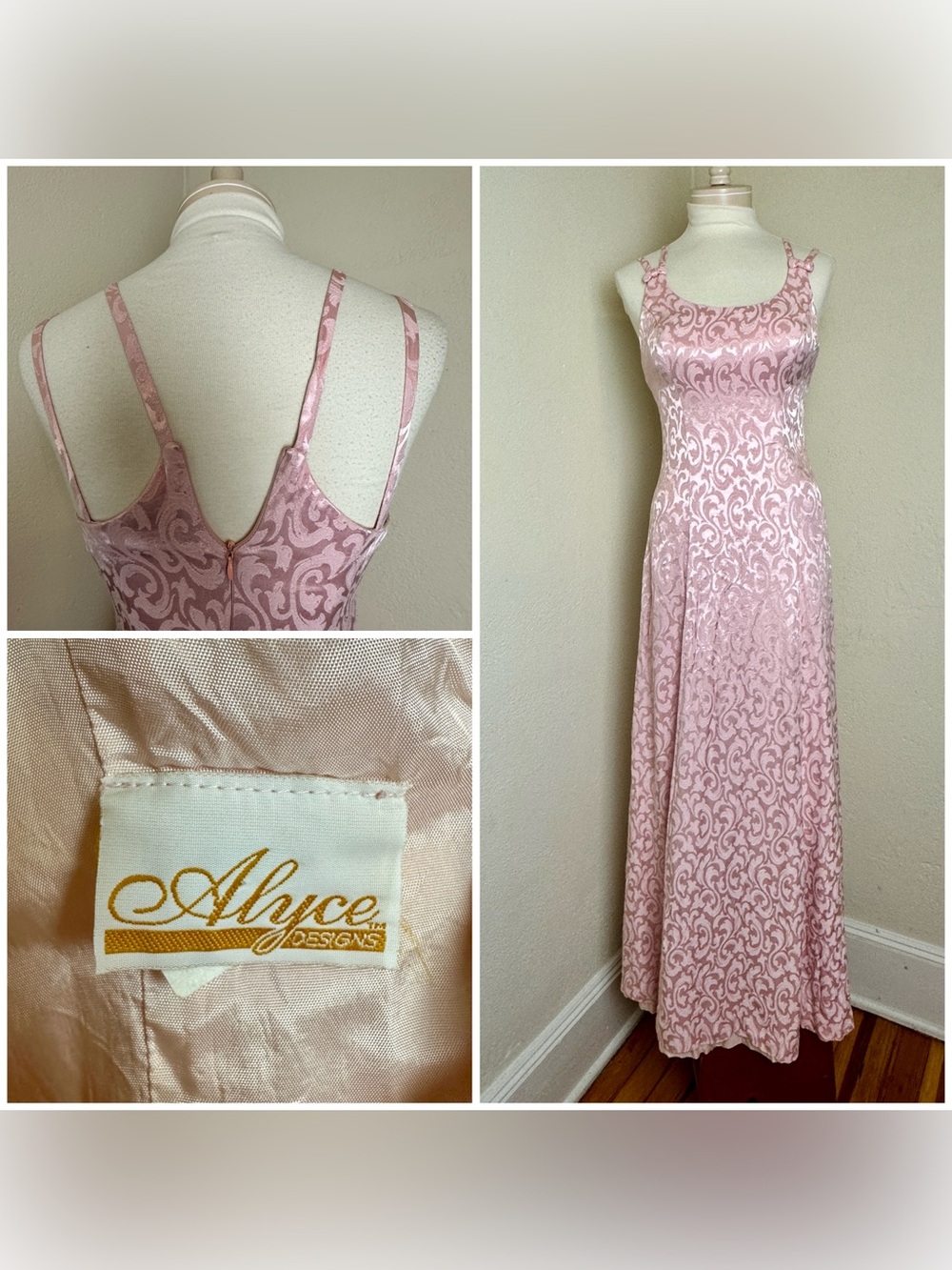 VTG Y2K 90s Pretty In Pink! Alyce Designs Strappy Brocade Maxi Dress Gown Sz 10